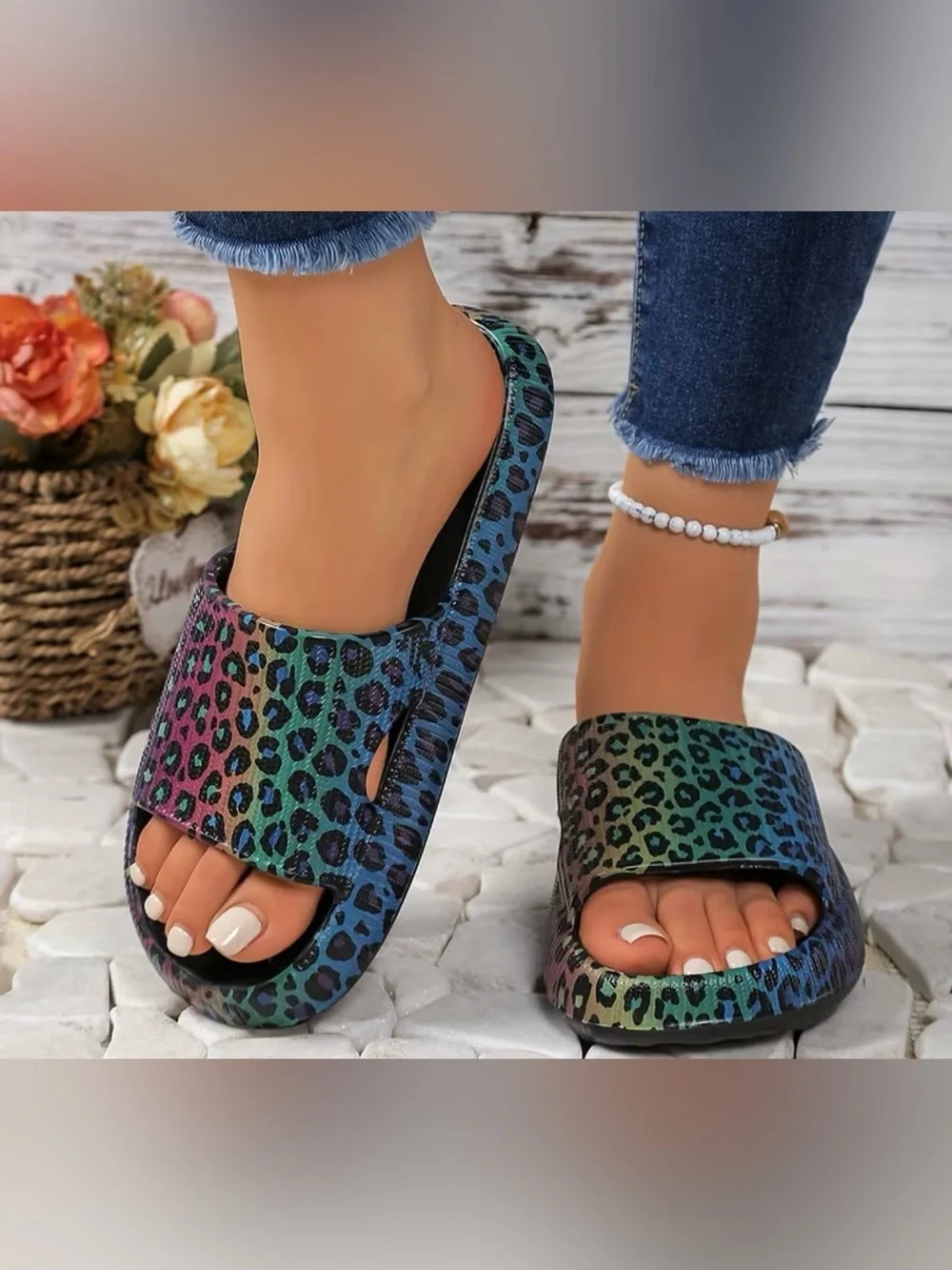 Ladies Black Rainbow Leopard Print Sandals